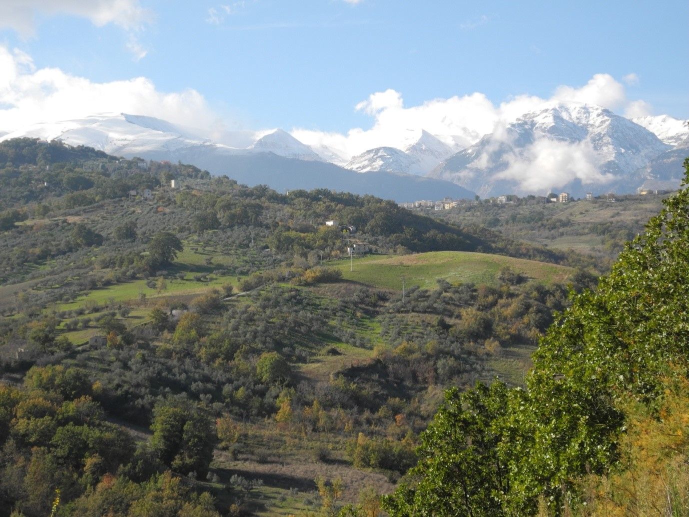 Colline boscose della valle dell'Aventino con la Maiella innevata all'orizzonte